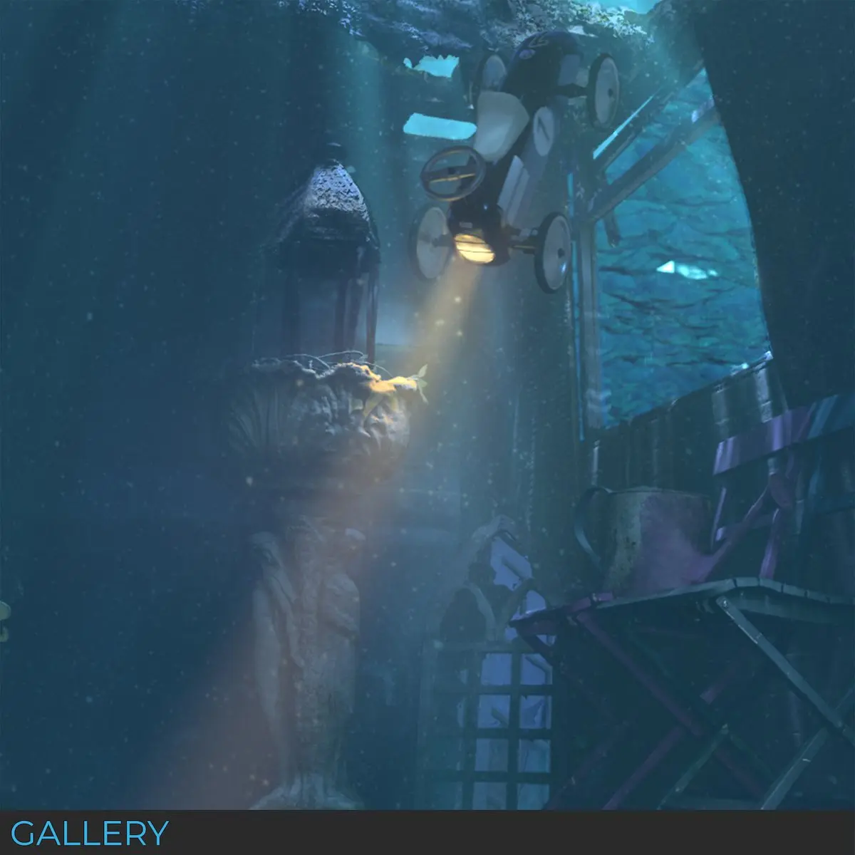 Cinematic underwater environment with a hero object, suspended structures and blue-green lighting