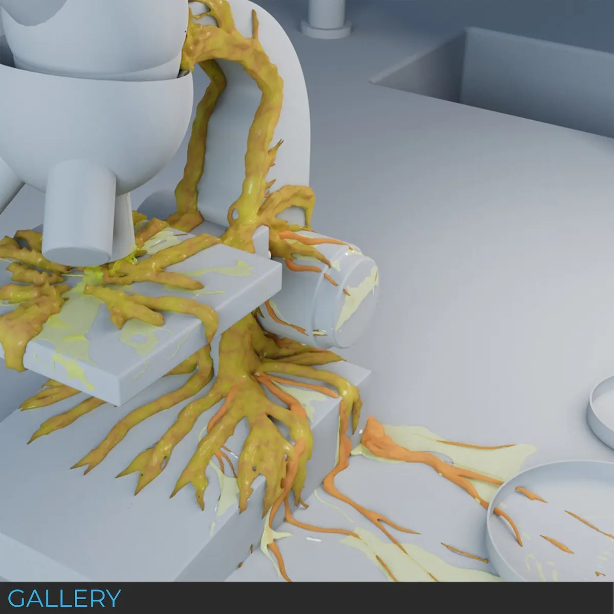 Pale sculptural forms connected by branching yellow slime growth