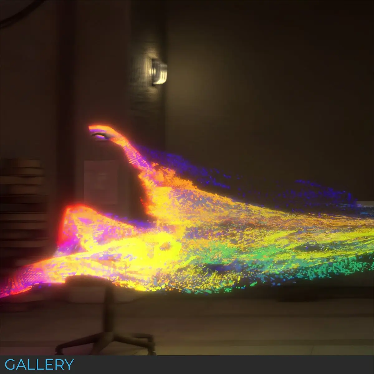Figure crossing a dark corridor through a vivid trail of multicoloured particles