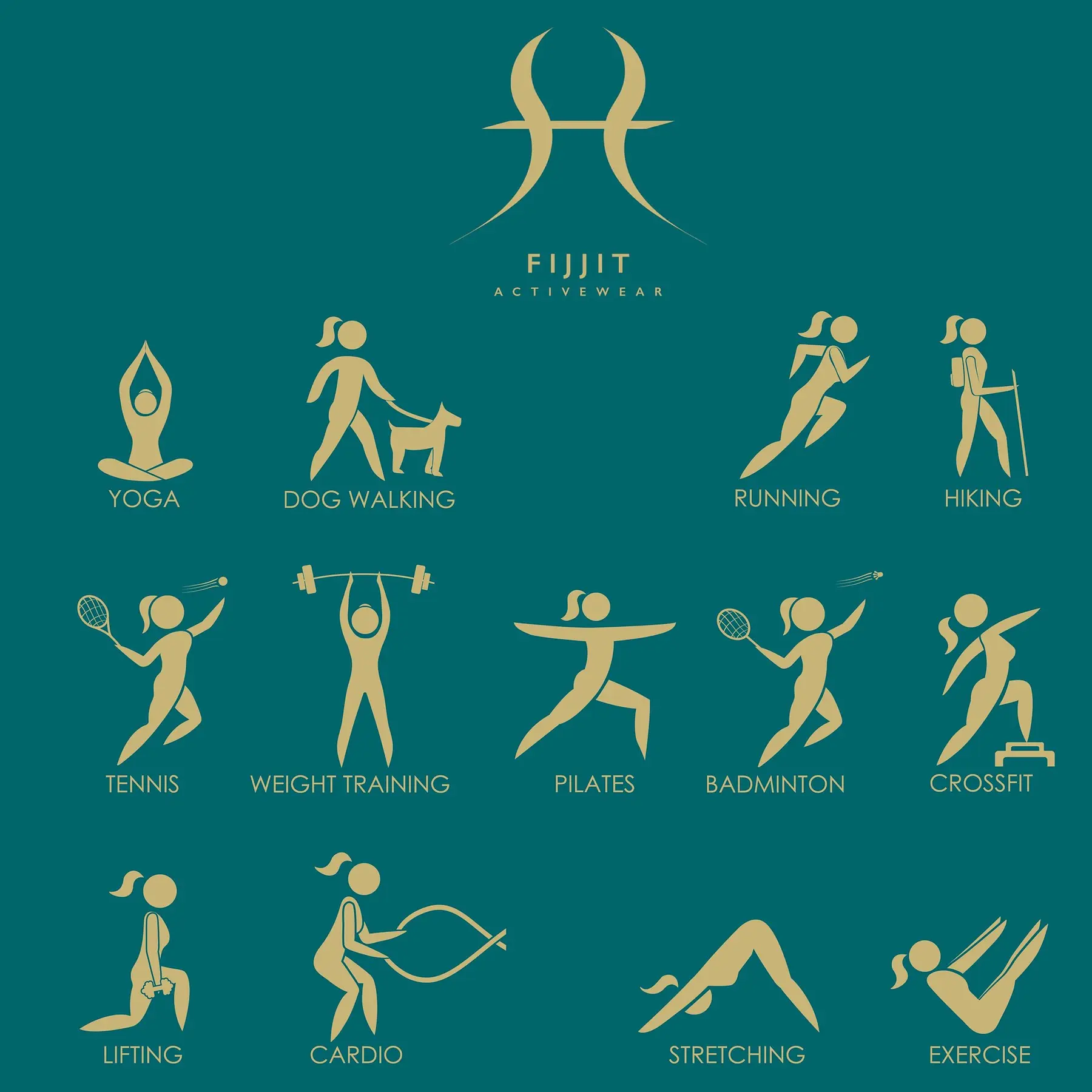 Gold activity icons for yoga, running, hiking and other sports on a teal background