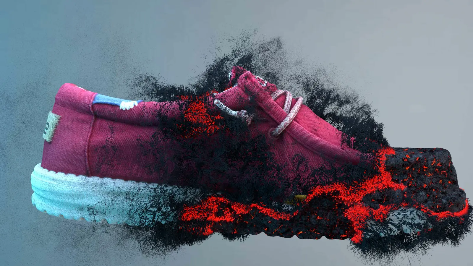 Hey Dude shoe dissolving into particles
