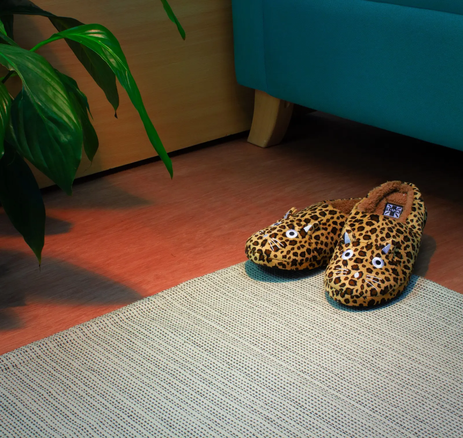 Patterned slippers in a styled interior