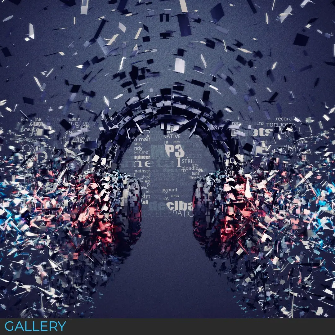 Gallery environment breaking into colourful simulated fragments