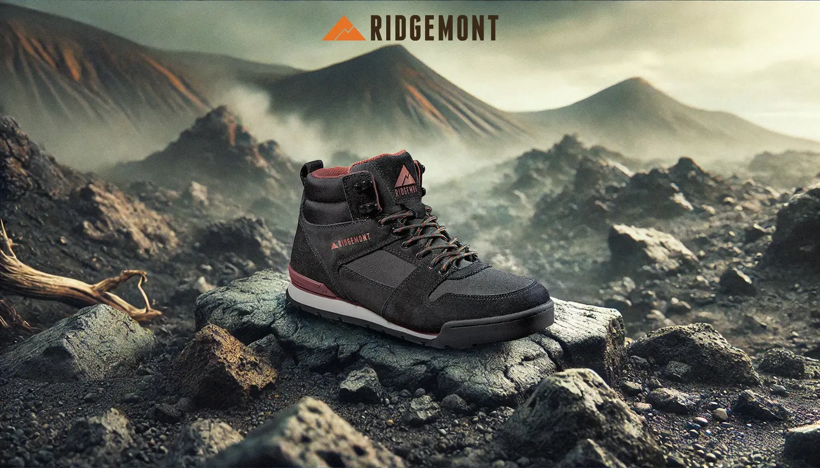 Ridgemont black boot in a dramatic mountain environment