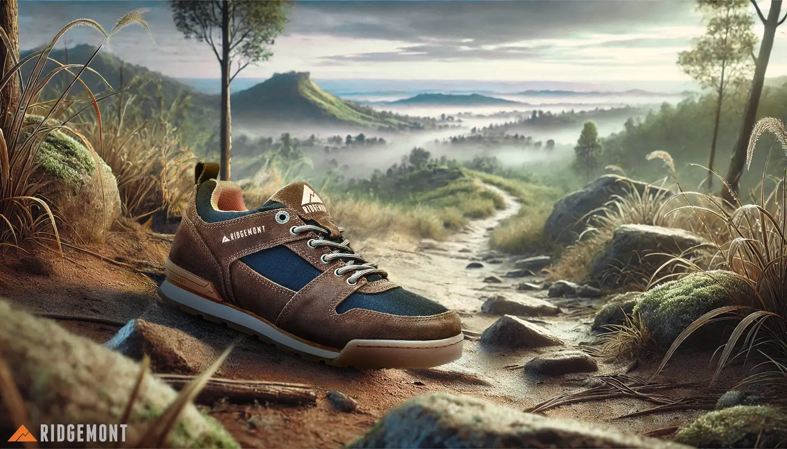 Ridgemont brown shoe composited into a coastal landscape