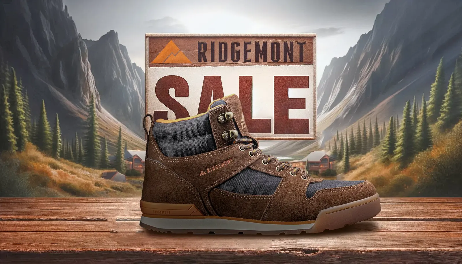 Ridgemont sale campaign with a boot and mountain scene