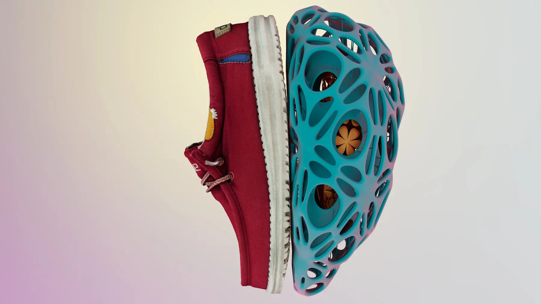 Two colourful Hey Dude shoes meeting sole-to-sole in a clean CGI composition