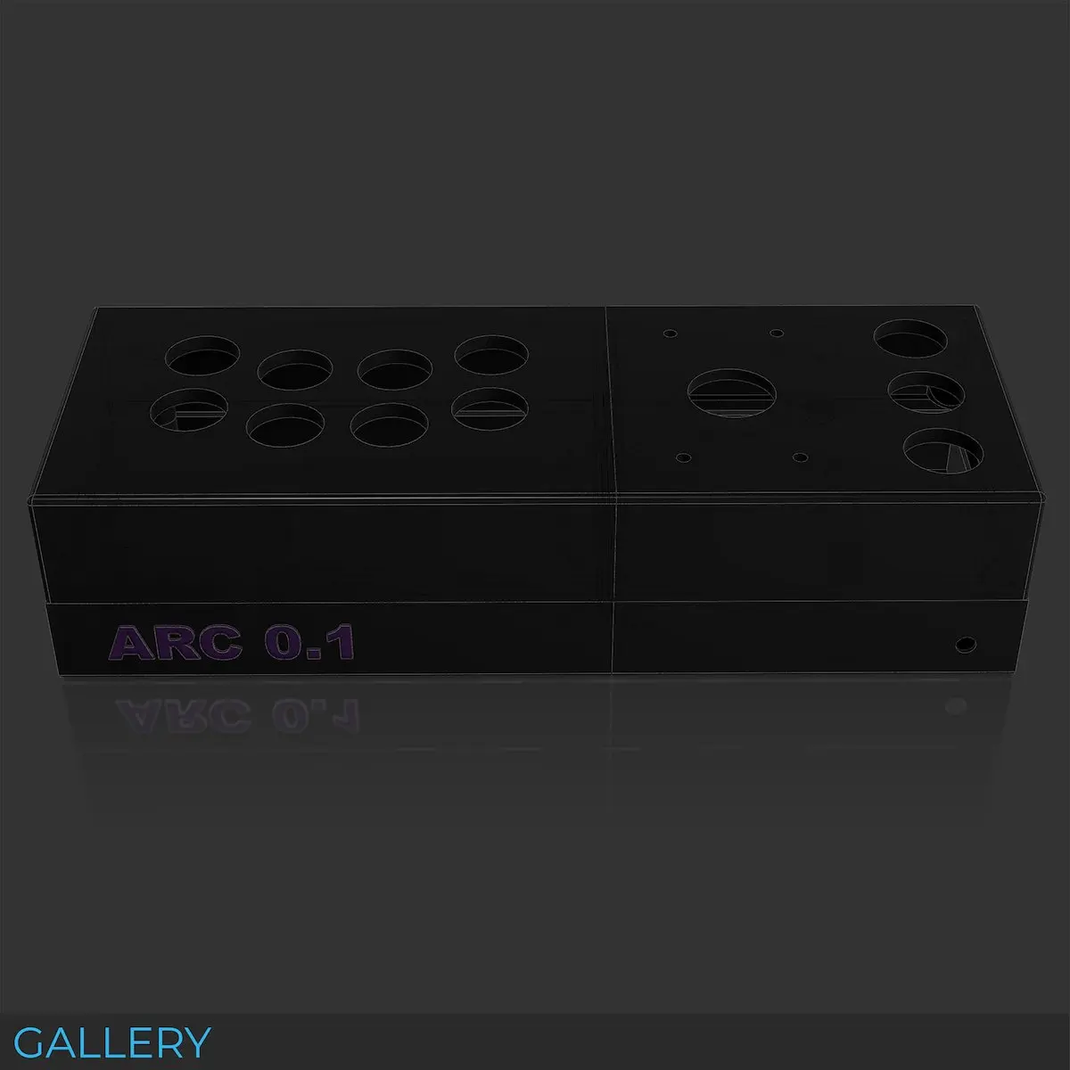 Black modular 3D-printed enclosure prototype marked ARC 0.1