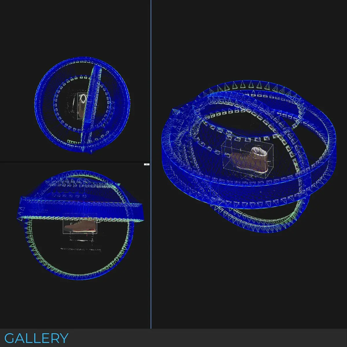 Blue wireframe views of an object reconstructed through photogrammetry