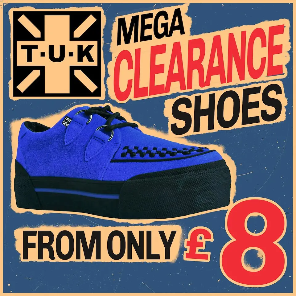 Bold T.U.K. footwear clearance campaign in blue, cream and orange