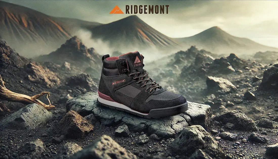 Ridgemont hiking boot composited into a dramatic mountain landscape